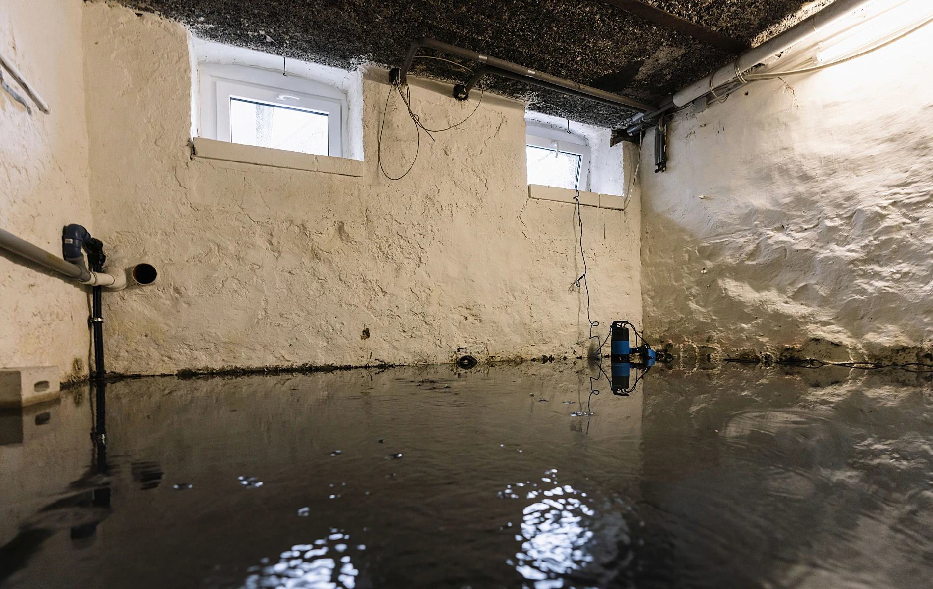 Flooded basement with dark standing water — sump pump visible