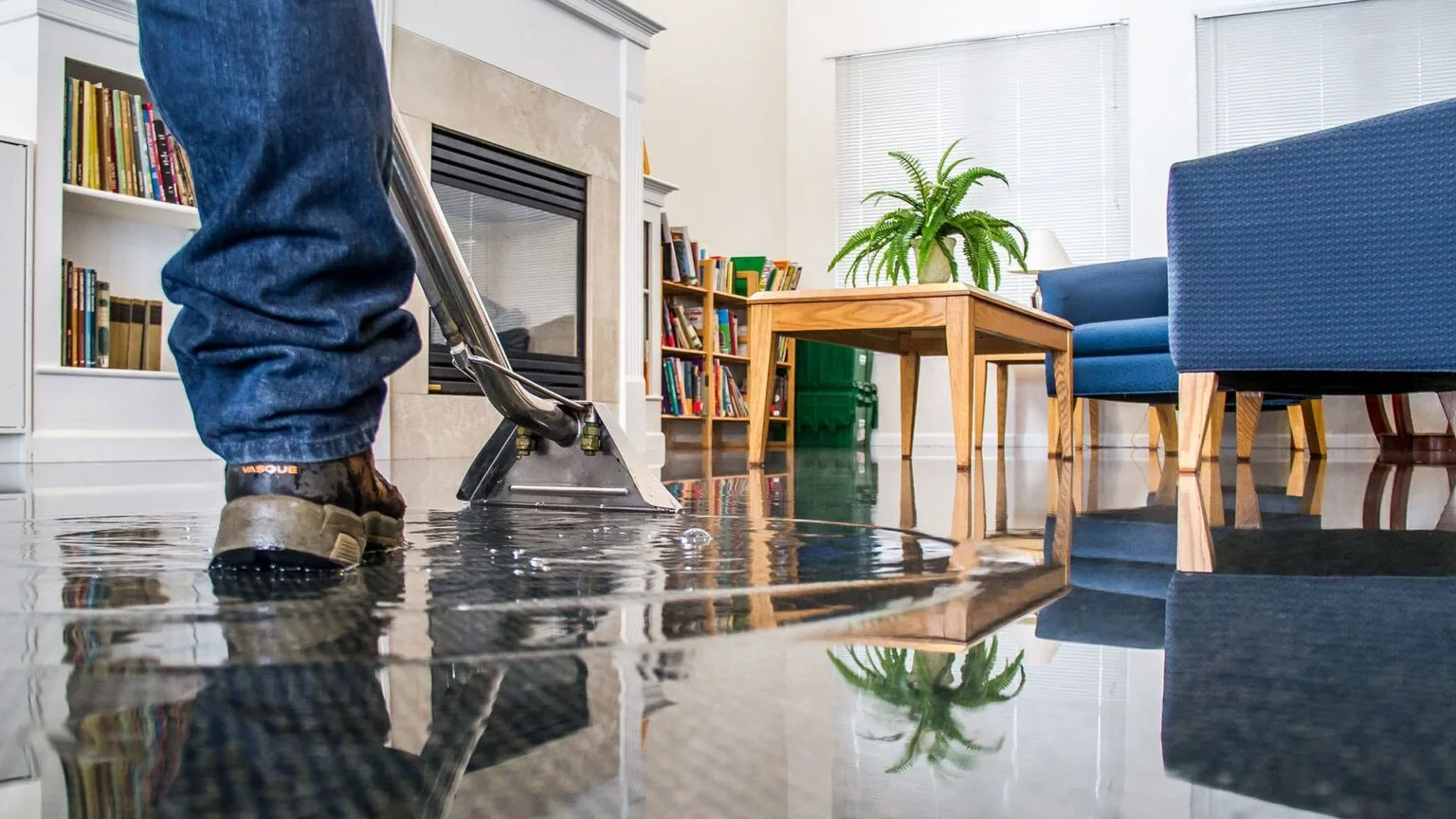 Certified technician extracting water from a flooded GTA living room